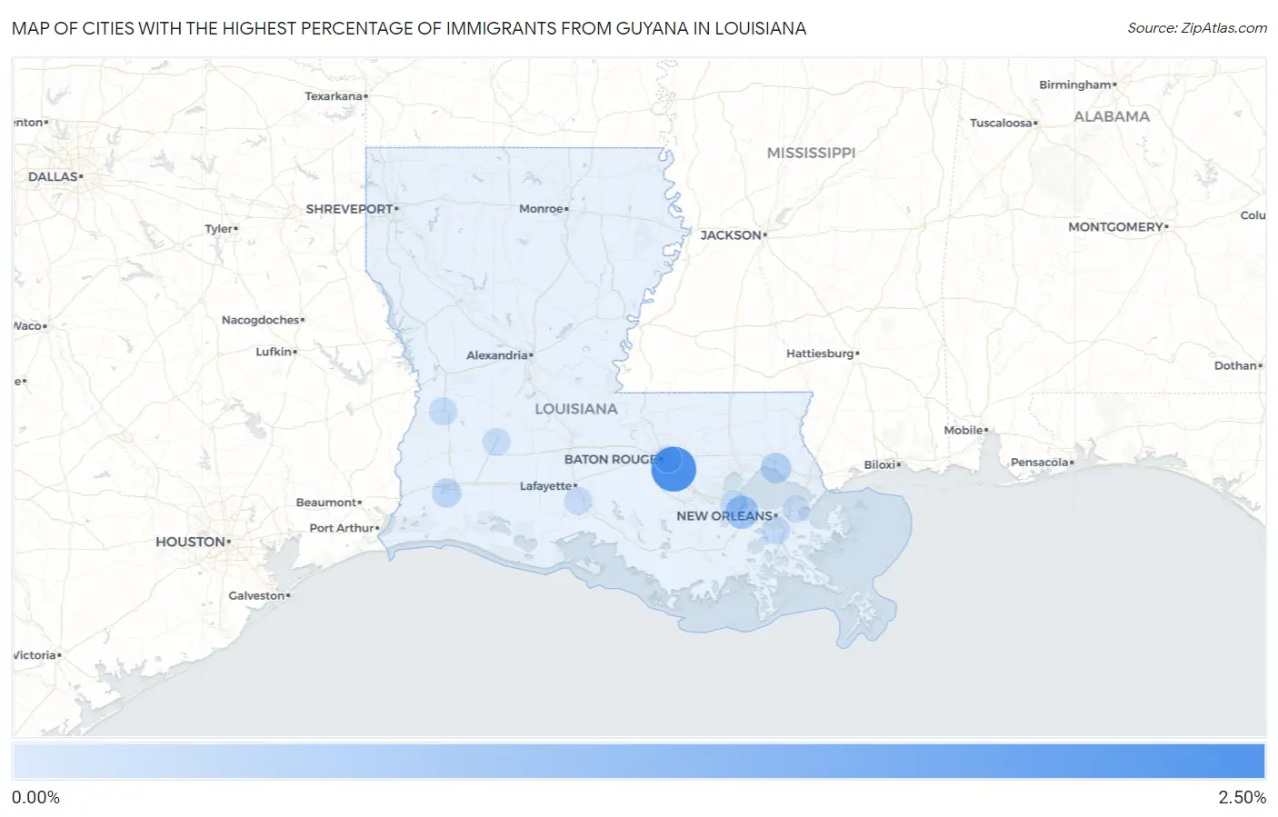 Cities with the Highest Percentage of Immigrants from Guyana in Louisiana Map