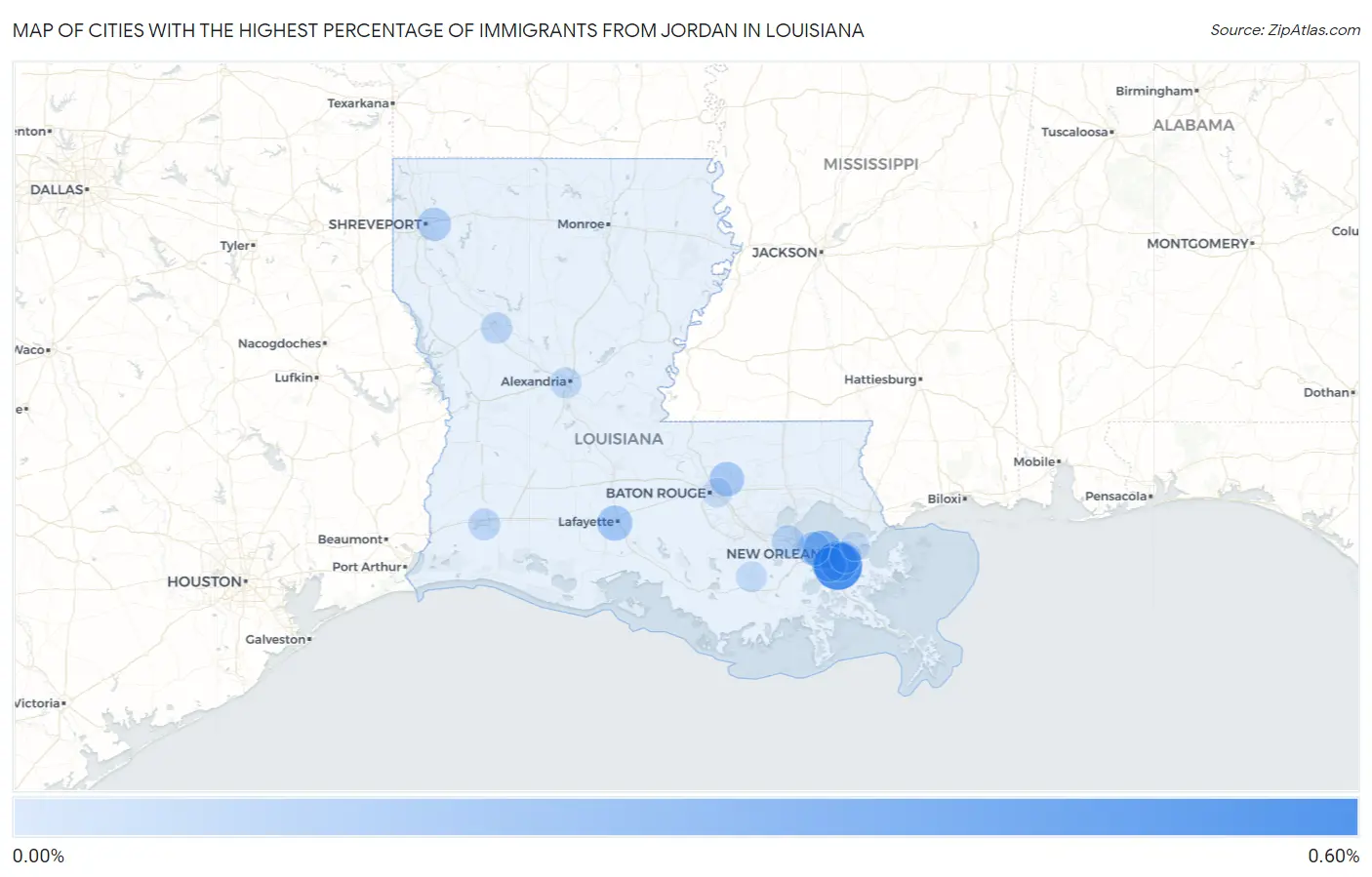 Cities with the Highest Percentage of Immigrants from Jordan in Louisiana Map