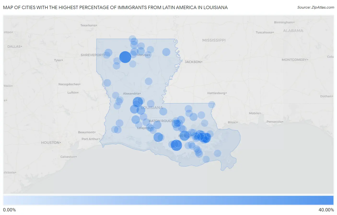 Cities with the Highest Percentage of Immigrants from Latin America in Louisiana Map