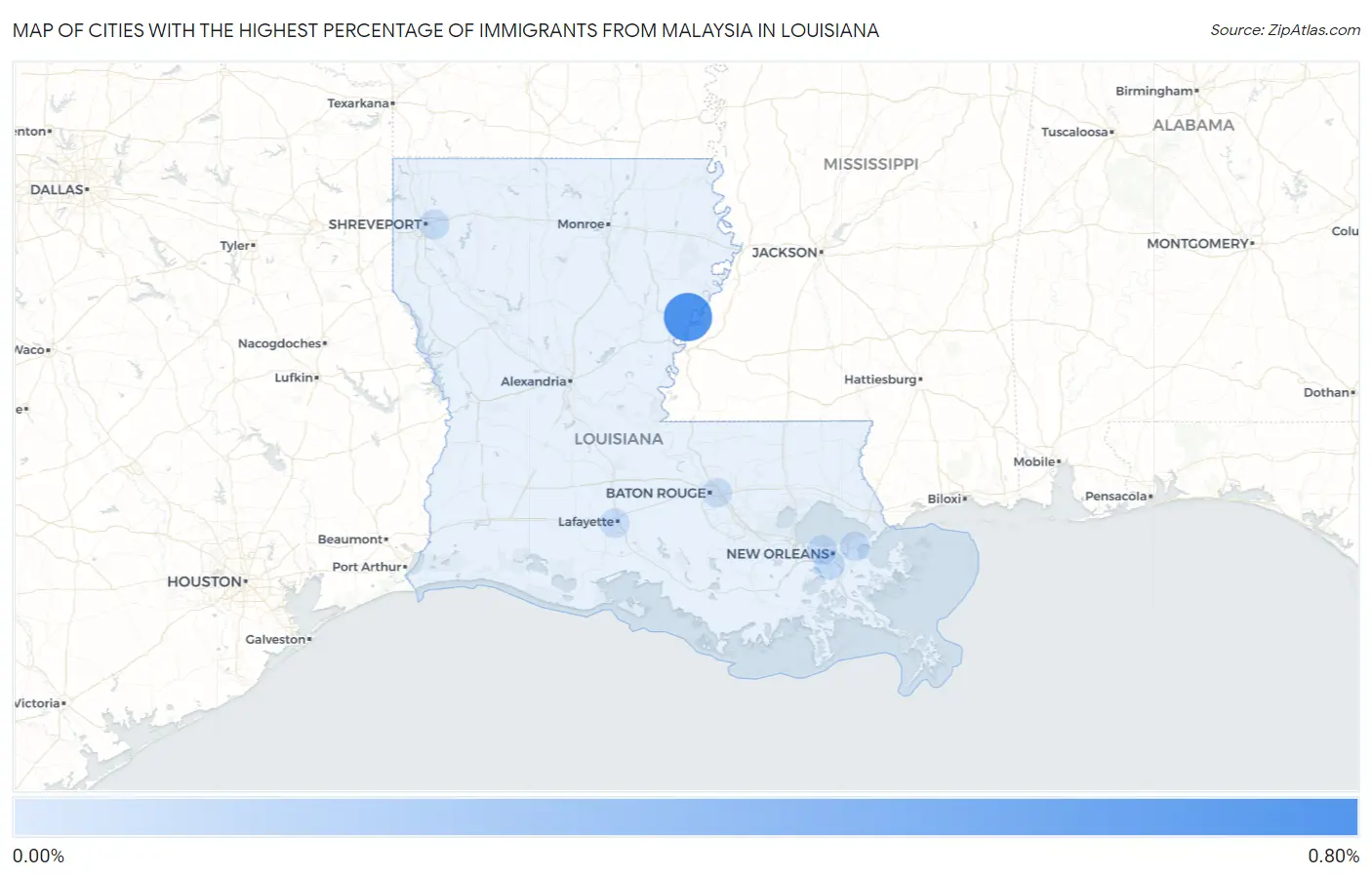 Cities with the Highest Percentage of Immigrants from Malaysia in Louisiana Map