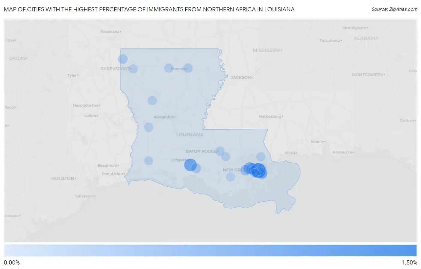 Cities with the Highest Percentage of Immigrants from Northern Africa in Louisiana Map