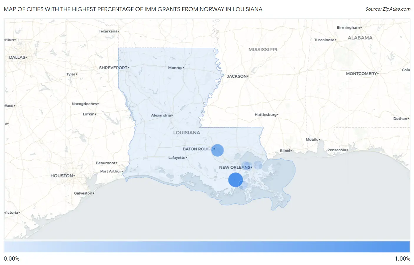 Cities with the Highest Percentage of Immigrants from Norway in Louisiana Map