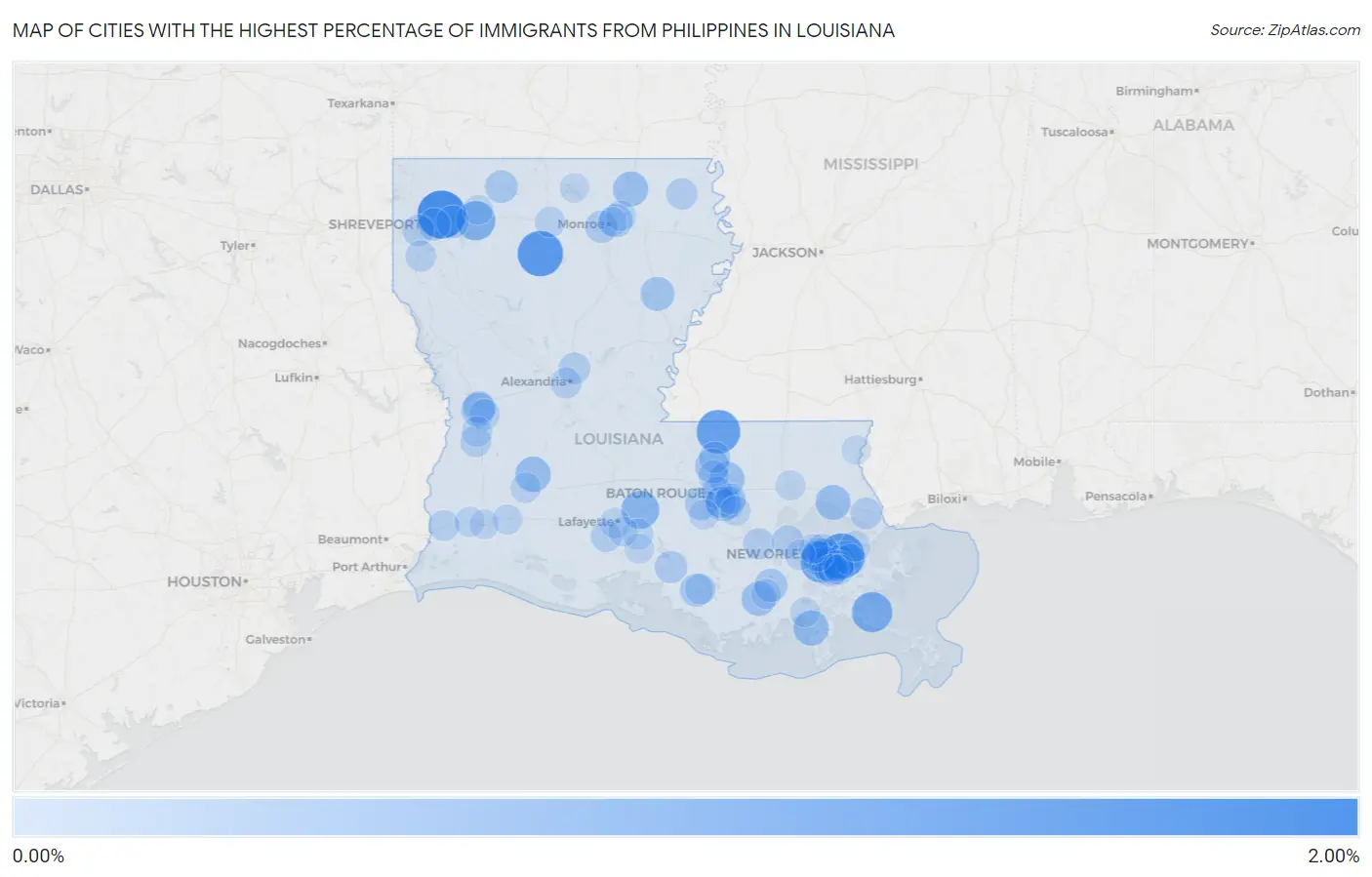 Cities with the Highest Percentage of Immigrants from Philippines in Louisiana Map