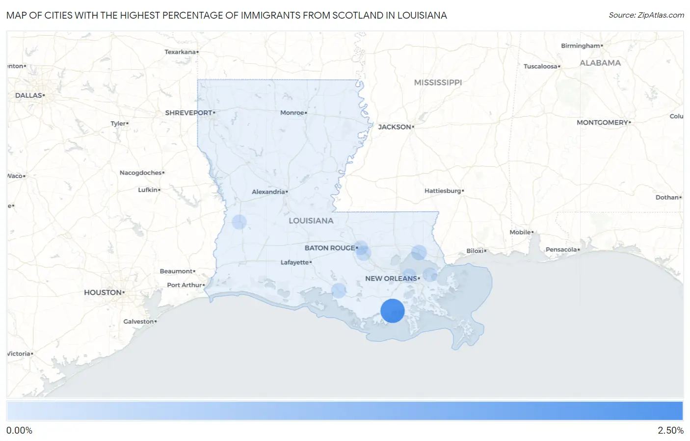 Cities with the Highest Percentage of Immigrants from Scotland in Louisiana Map