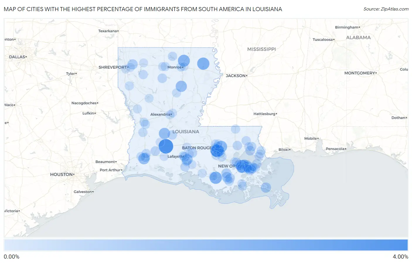 Cities with the Highest Percentage of Immigrants from South America in Louisiana Map
