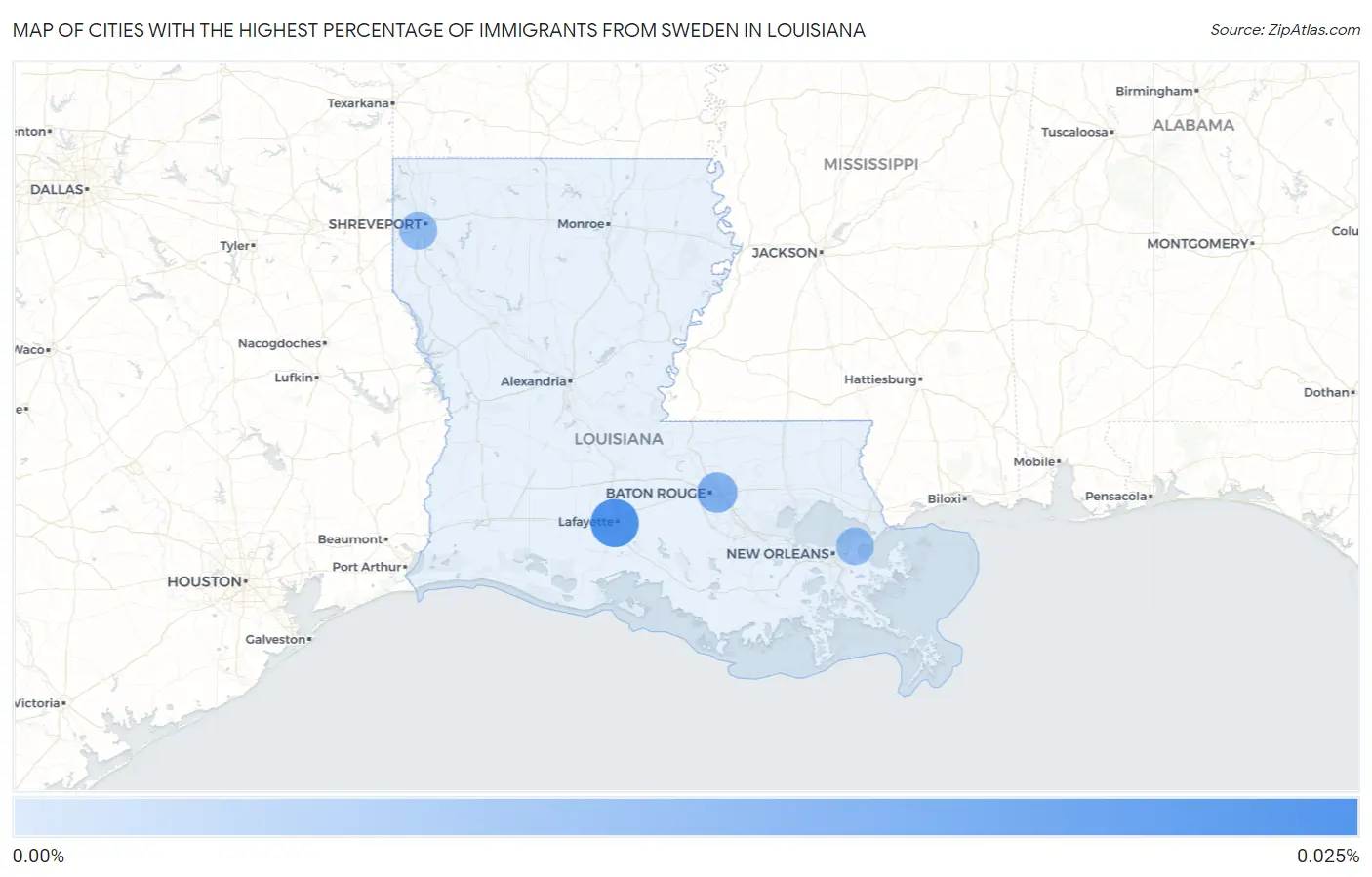 Cities with the Highest Percentage of Immigrants from Sweden in Louisiana Map