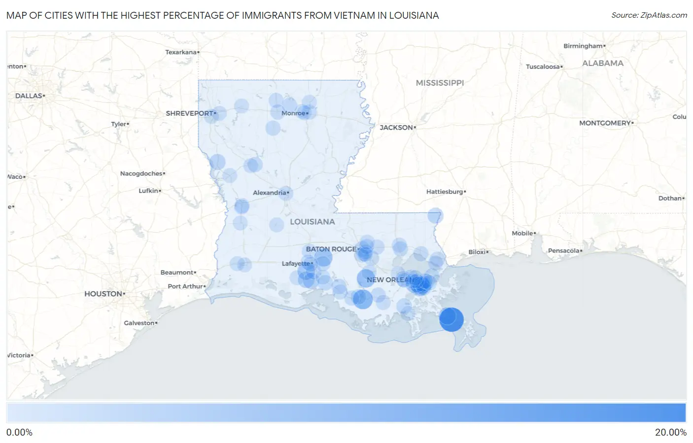 Cities with the Highest Percentage of Immigrants from Vietnam in Louisiana Map
