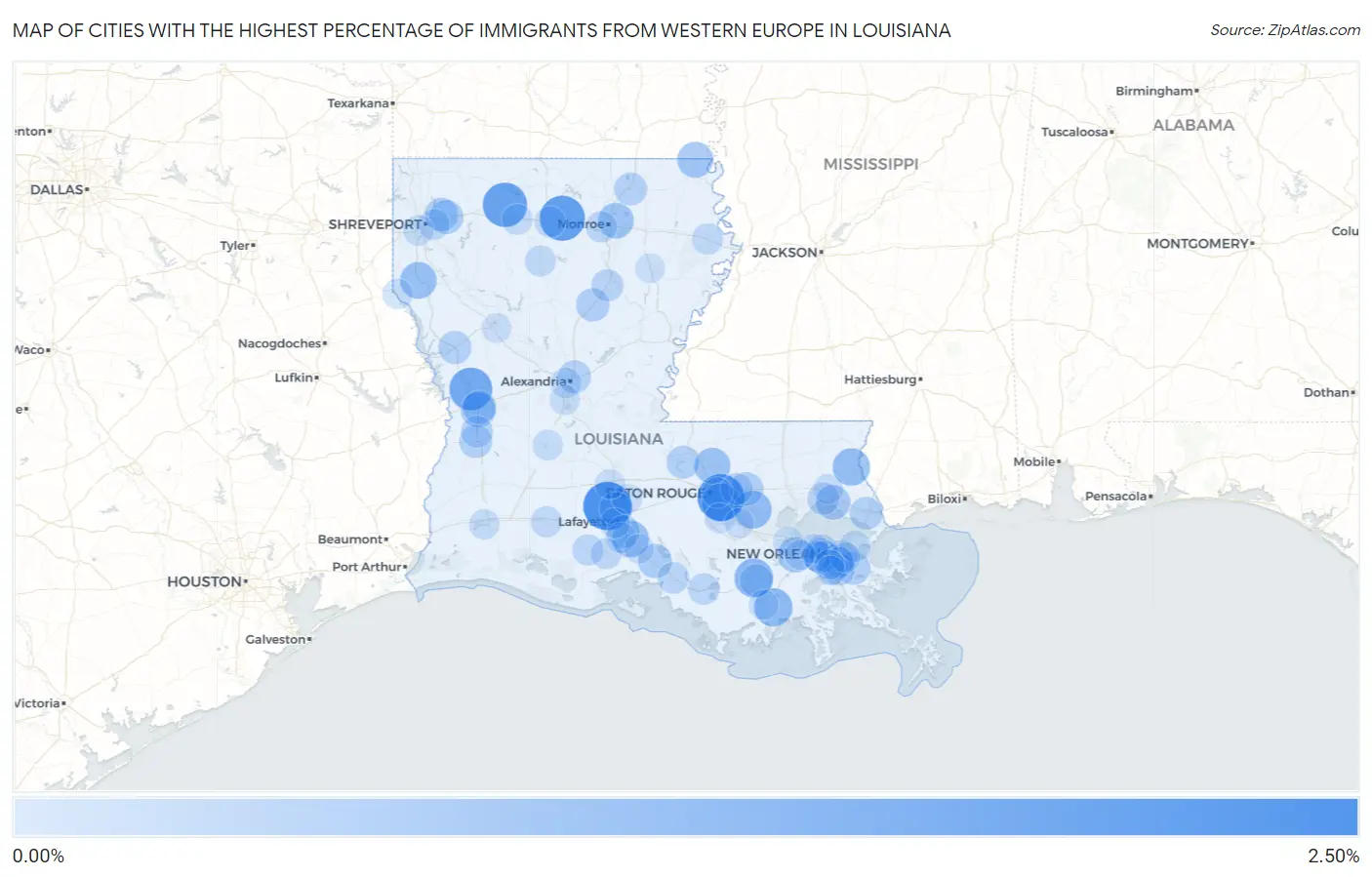 Cities with the Highest Percentage of Immigrants from Western Europe in Louisiana Map