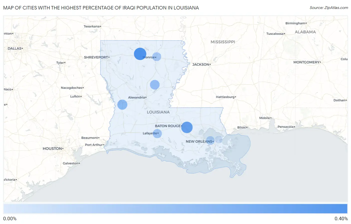 Cities with the Highest Percentage of Iraqi Population in Louisiana Map