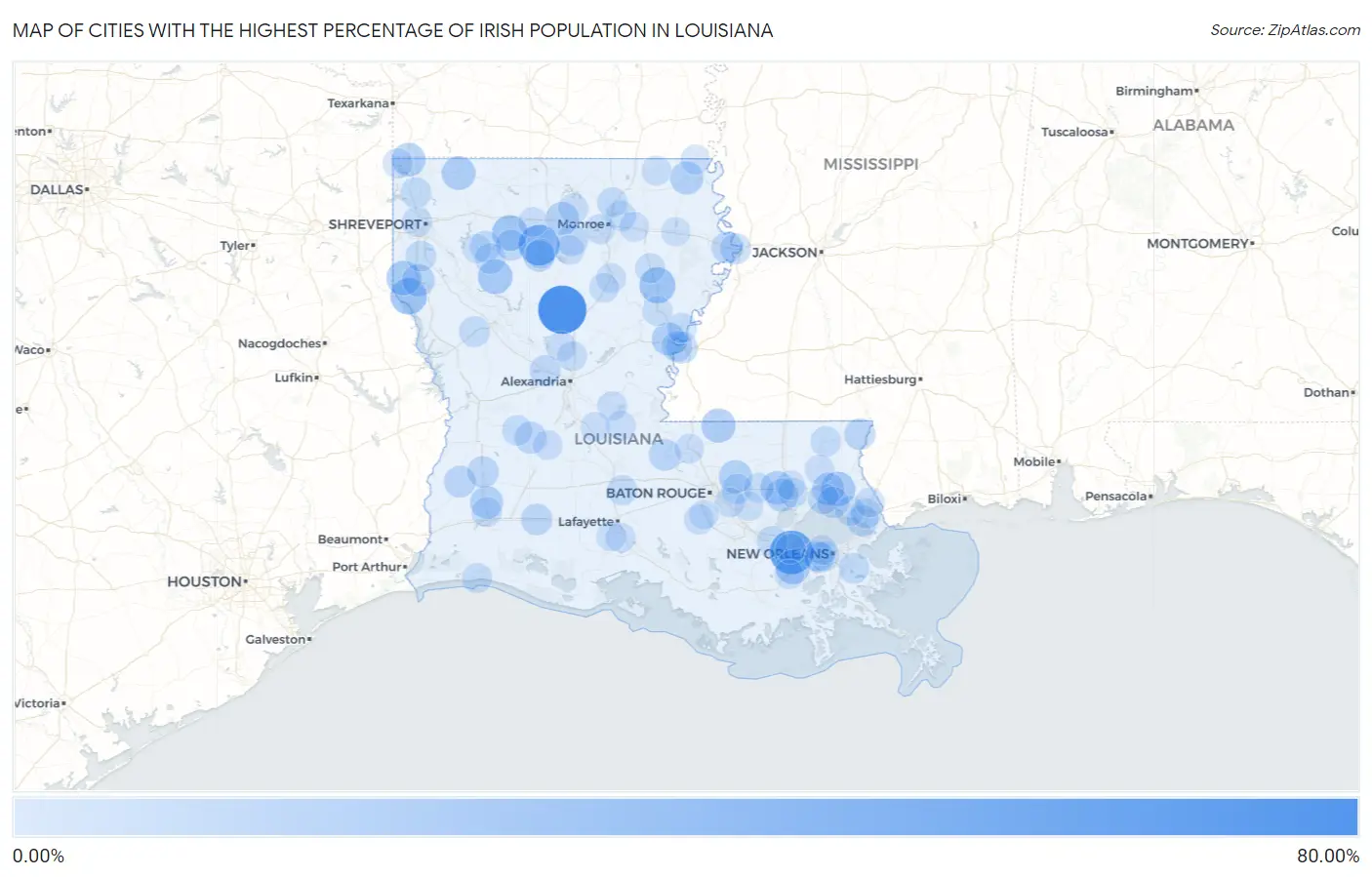 Cities with the Highest Percentage of Irish Population in Louisiana Map