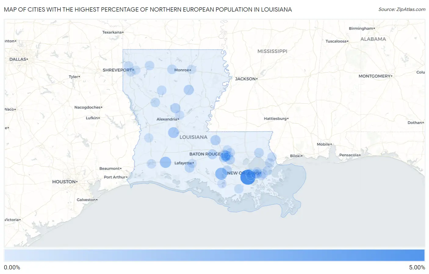 Cities with the Highest Percentage of Northern European Population in Louisiana Map