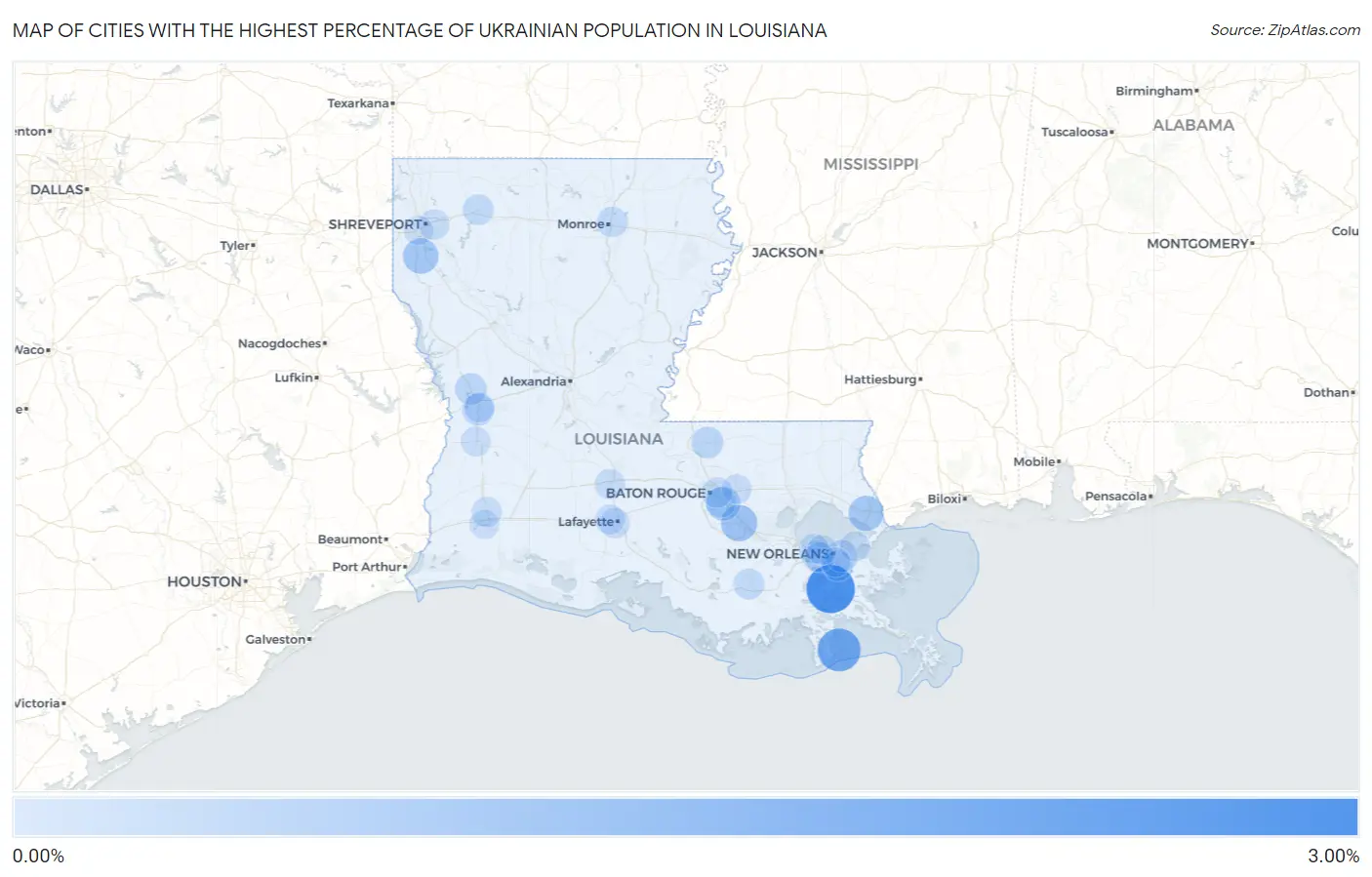 Cities with the Highest Percentage of Ukrainian Population in Louisiana Map
