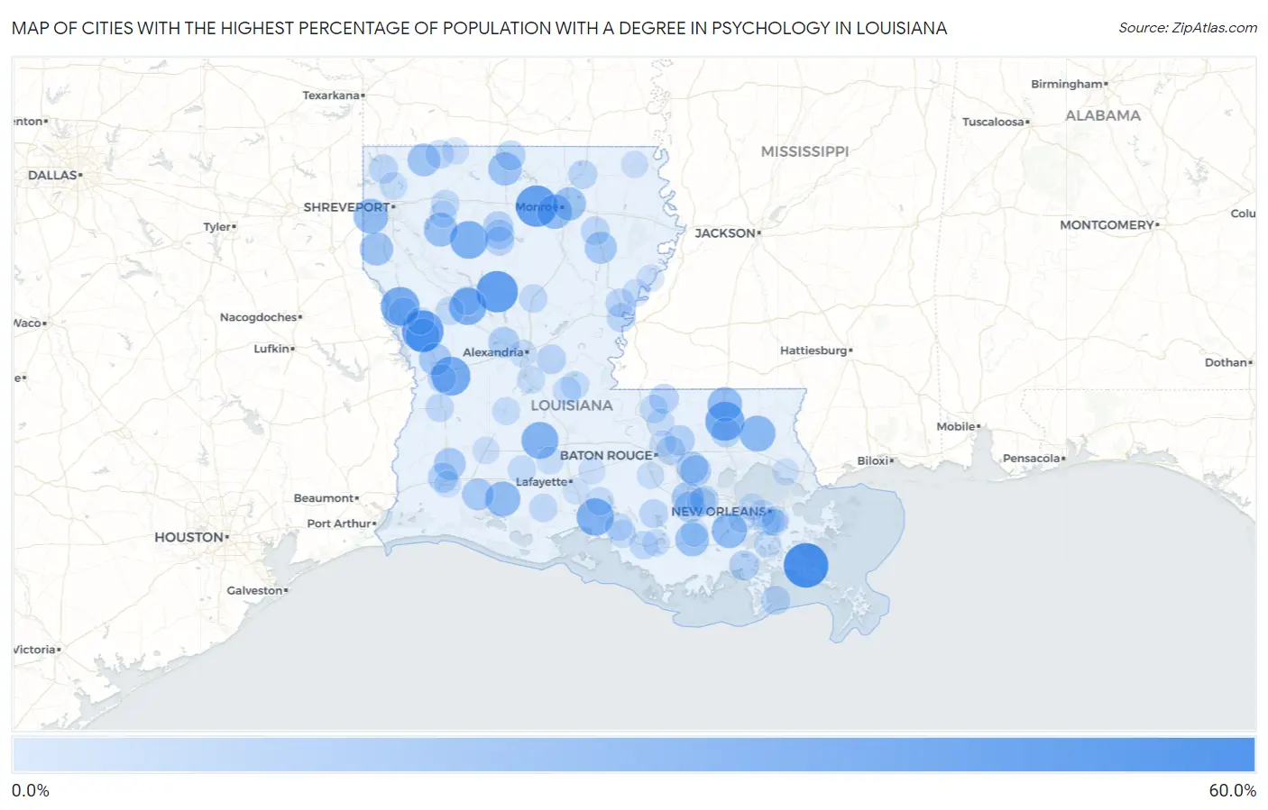 Cities with the Highest Percentage of Population with a Degree in Psychology in Louisiana Map