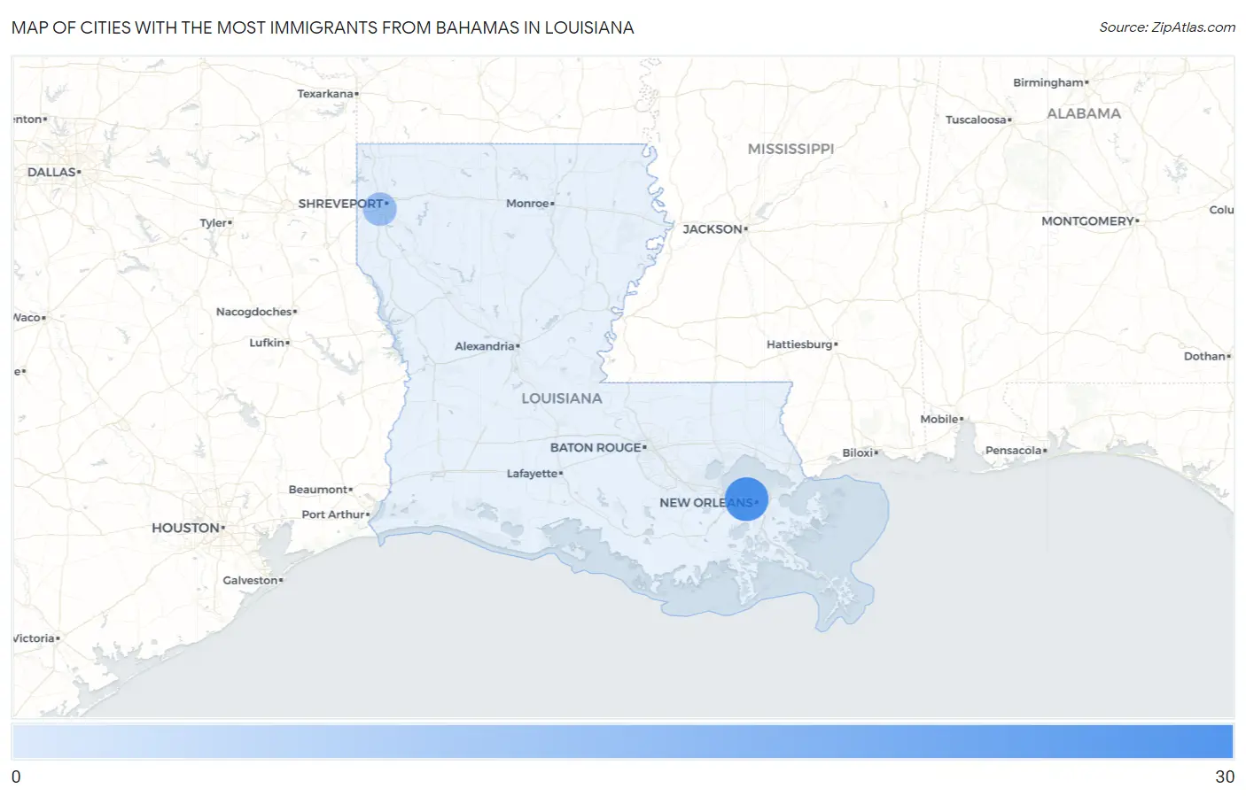 Cities with the Most Immigrants from Bahamas in Louisiana Map
