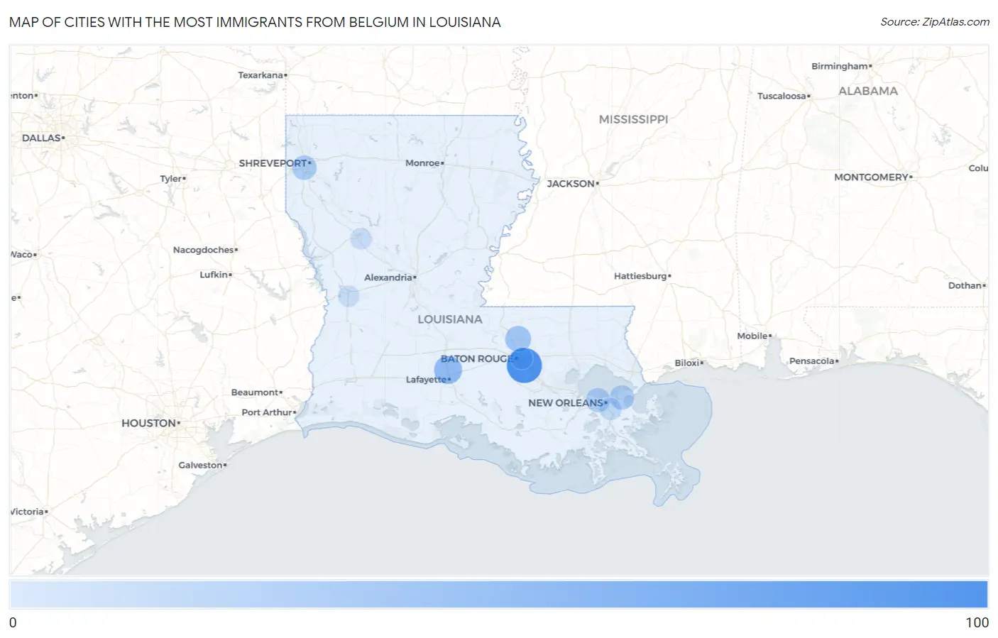 Cities with the Most Immigrants from Belgium in Louisiana Map