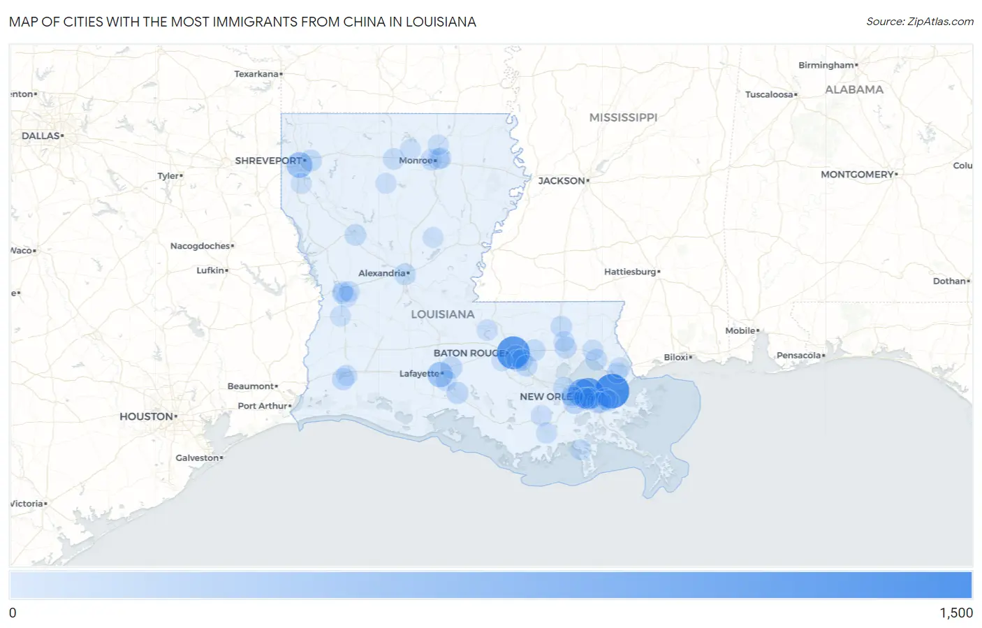 Cities with the Most Immigrants from China in Louisiana Map