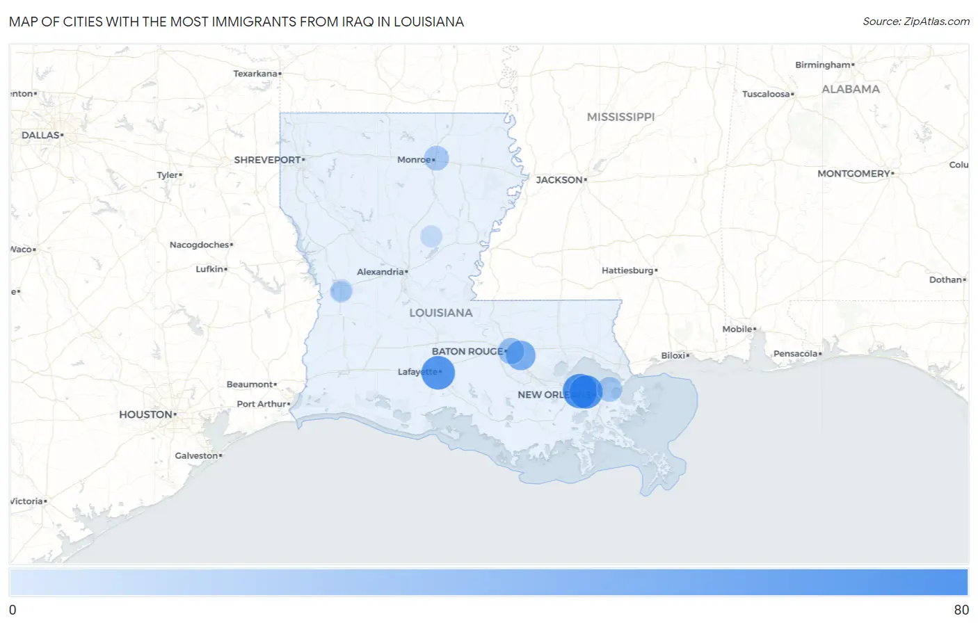 Cities with the Most Immigrants from Iraq in Louisiana Map