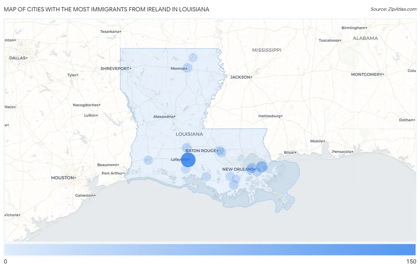 Cities with the Most Immigrants from Ireland in Louisiana Map