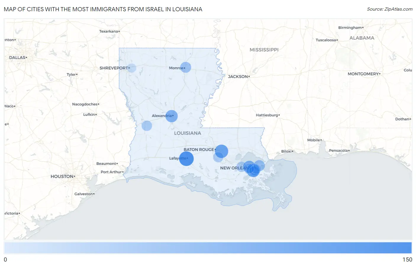 Cities with the Most Immigrants from Israel in Louisiana Map