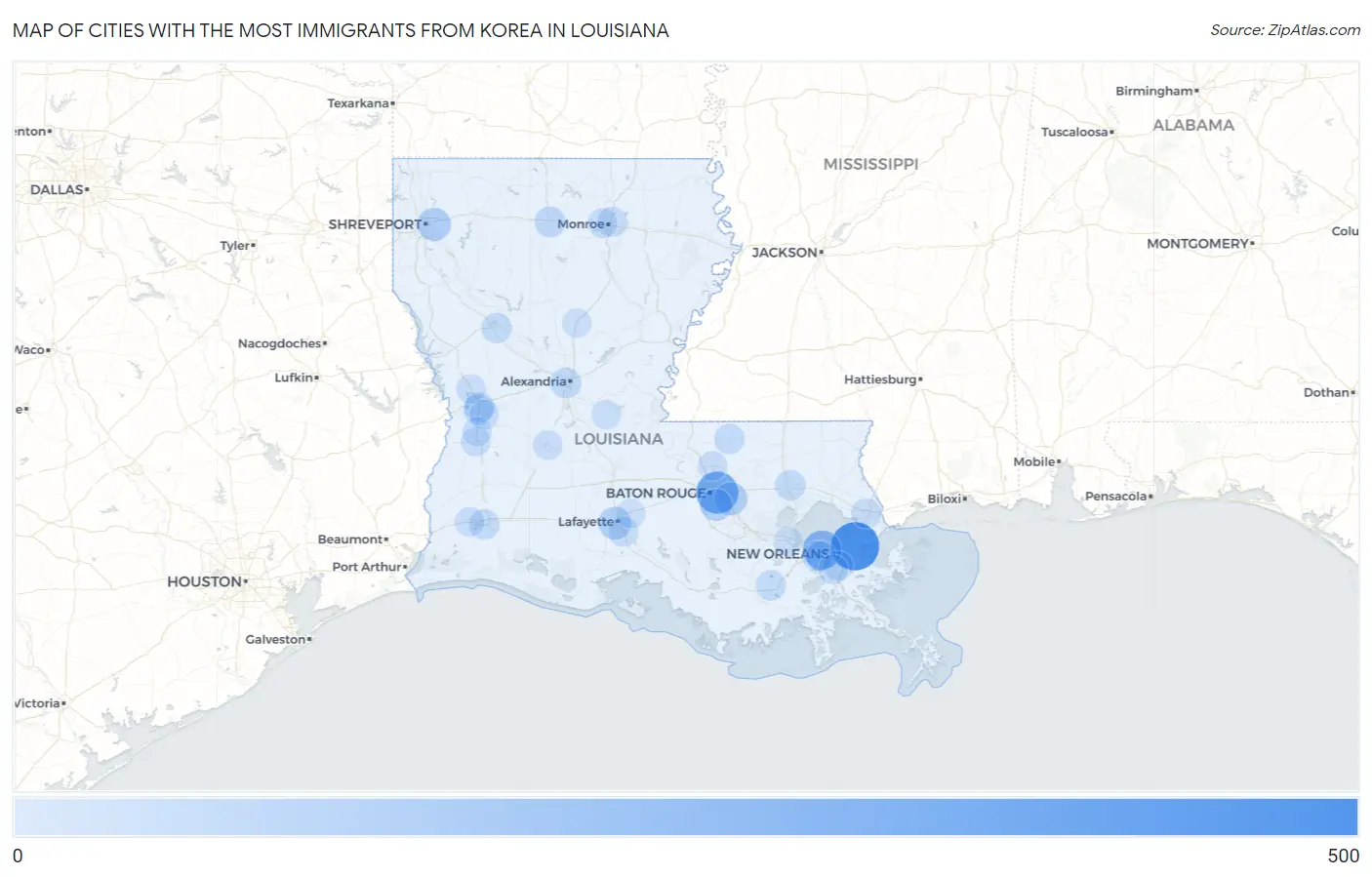 Cities with the Most Immigrants from Korea in Louisiana Map