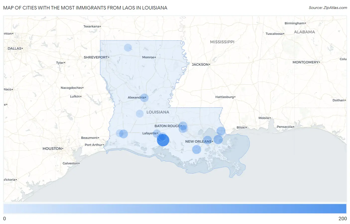 Cities with the Most Immigrants from Laos in Louisiana Map