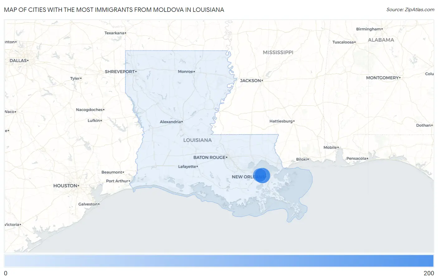 Cities with the Most Immigrants from Moldova in Louisiana Map