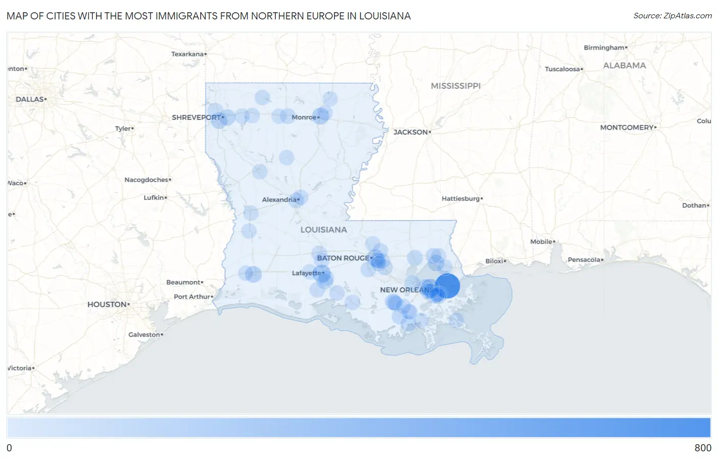 Cities with the Most Immigrants from Northern Europe in Louisiana Map