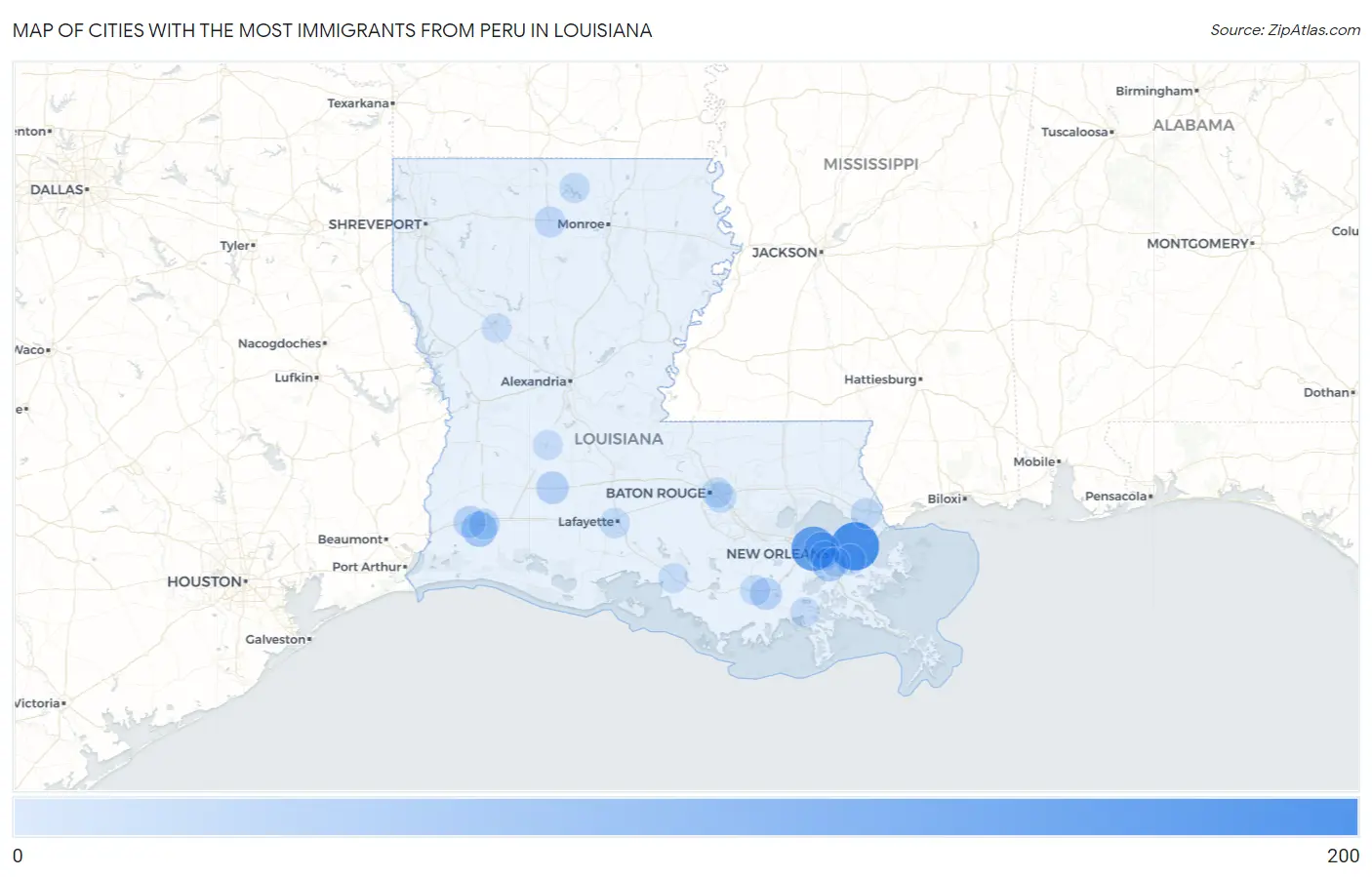 Cities with the Most Immigrants from Peru in Louisiana Map