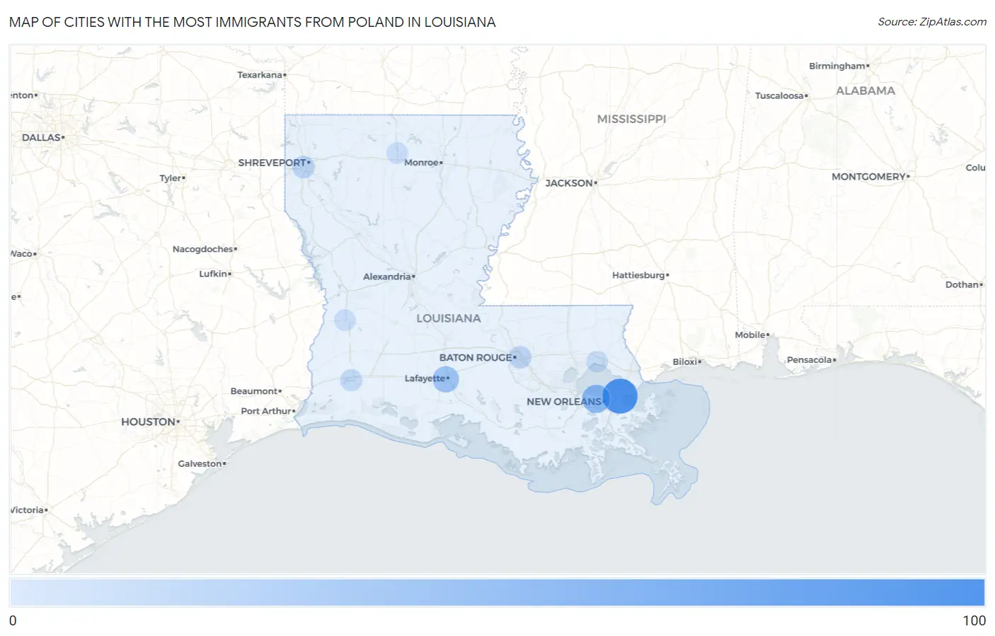 Cities with the Most Immigrants from Poland in Louisiana Map