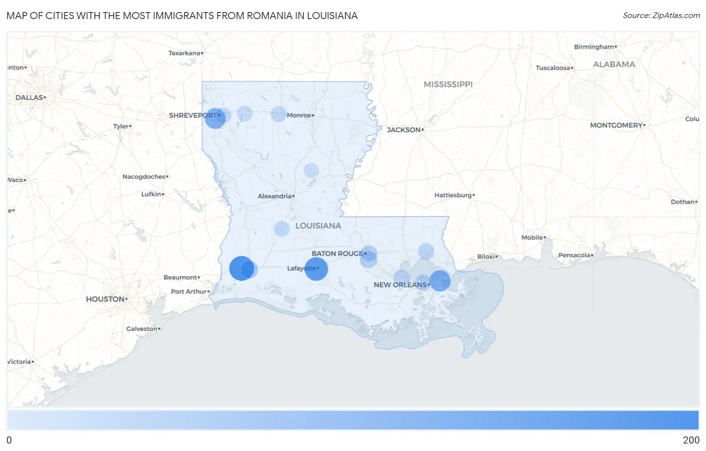 Cities with the Most Immigrants from Romania in Louisiana Map