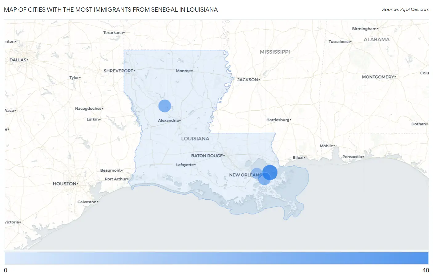 Cities with the Most Immigrants from Senegal in Louisiana Map