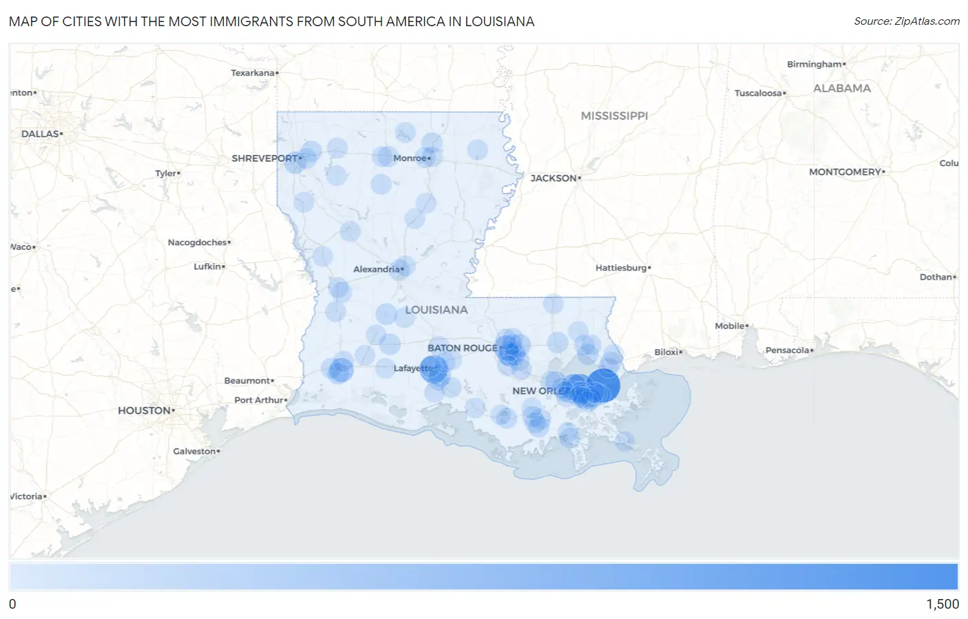Cities with the Most Immigrants from South America in Louisiana Map