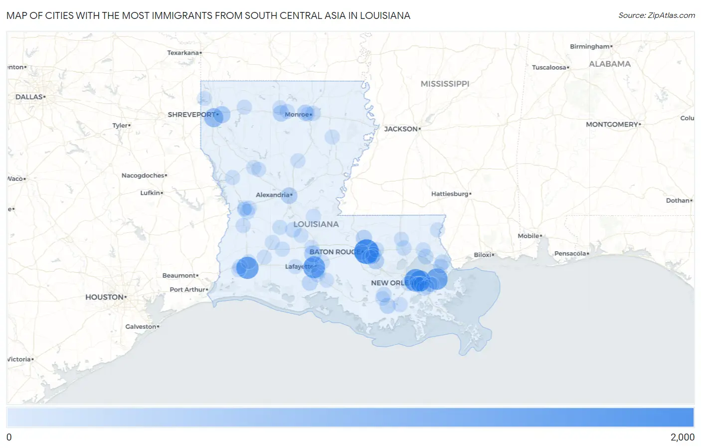 Cities with the Most Immigrants from South Central Asia in Louisiana Map
