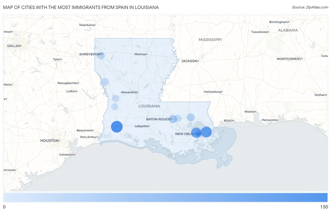 Cities with the Most Immigrants from Spain in Louisiana Map