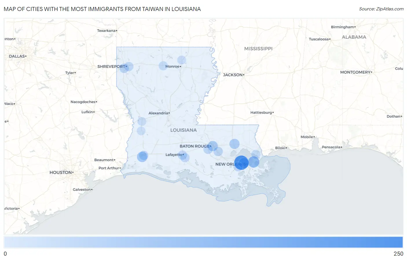 Cities with the Most Immigrants from Taiwan in Louisiana Map
