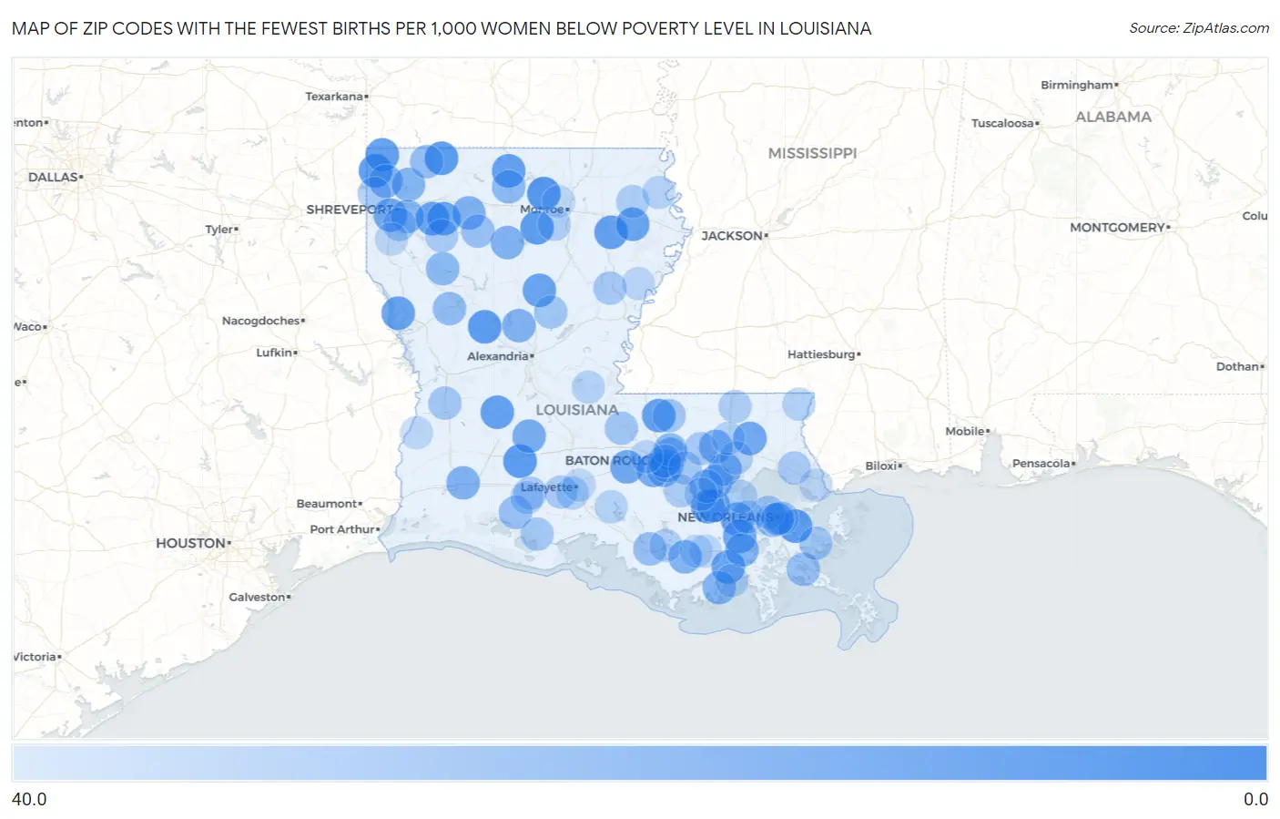 Zip Codes with the Fewest Births per 1,000 Women Below Poverty Level in Louisiana Map