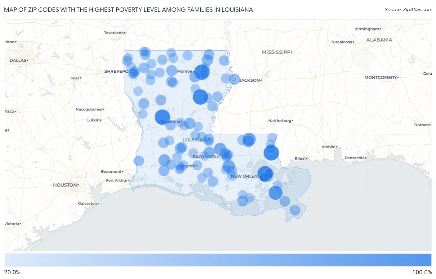 Zip Codes with the Highest Poverty Level Among Families in Louisiana Map