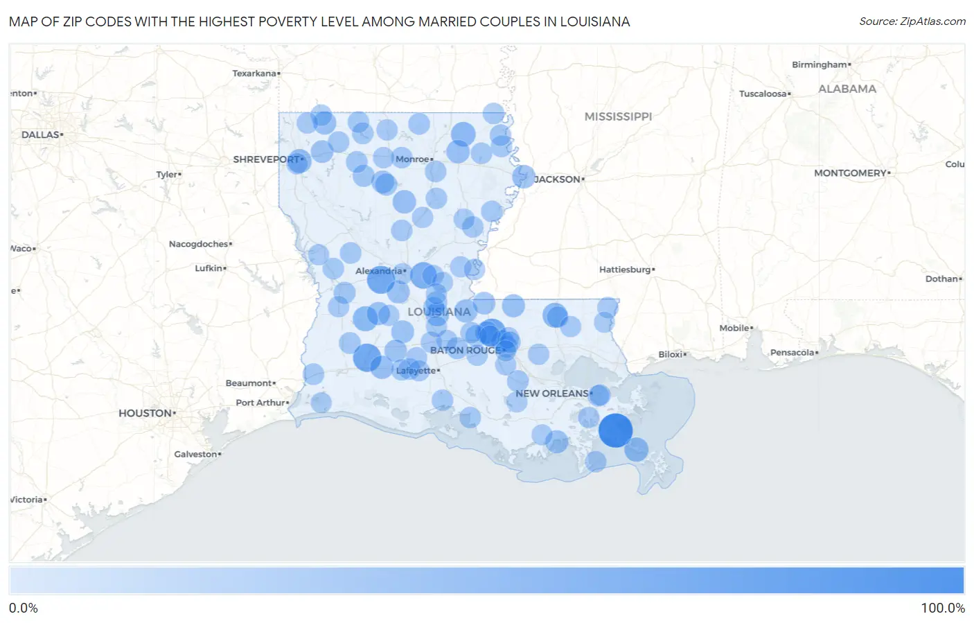 Zip Codes with the Highest Poverty Level Among Married Couples in Louisiana Map