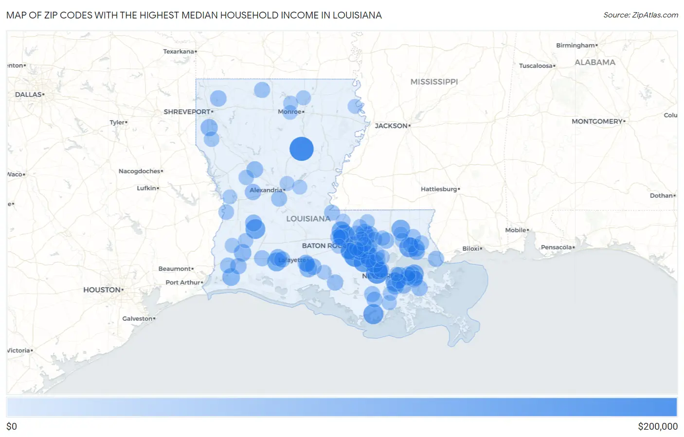 Zip Codes with the Highest Median Household Income in Louisiana Map