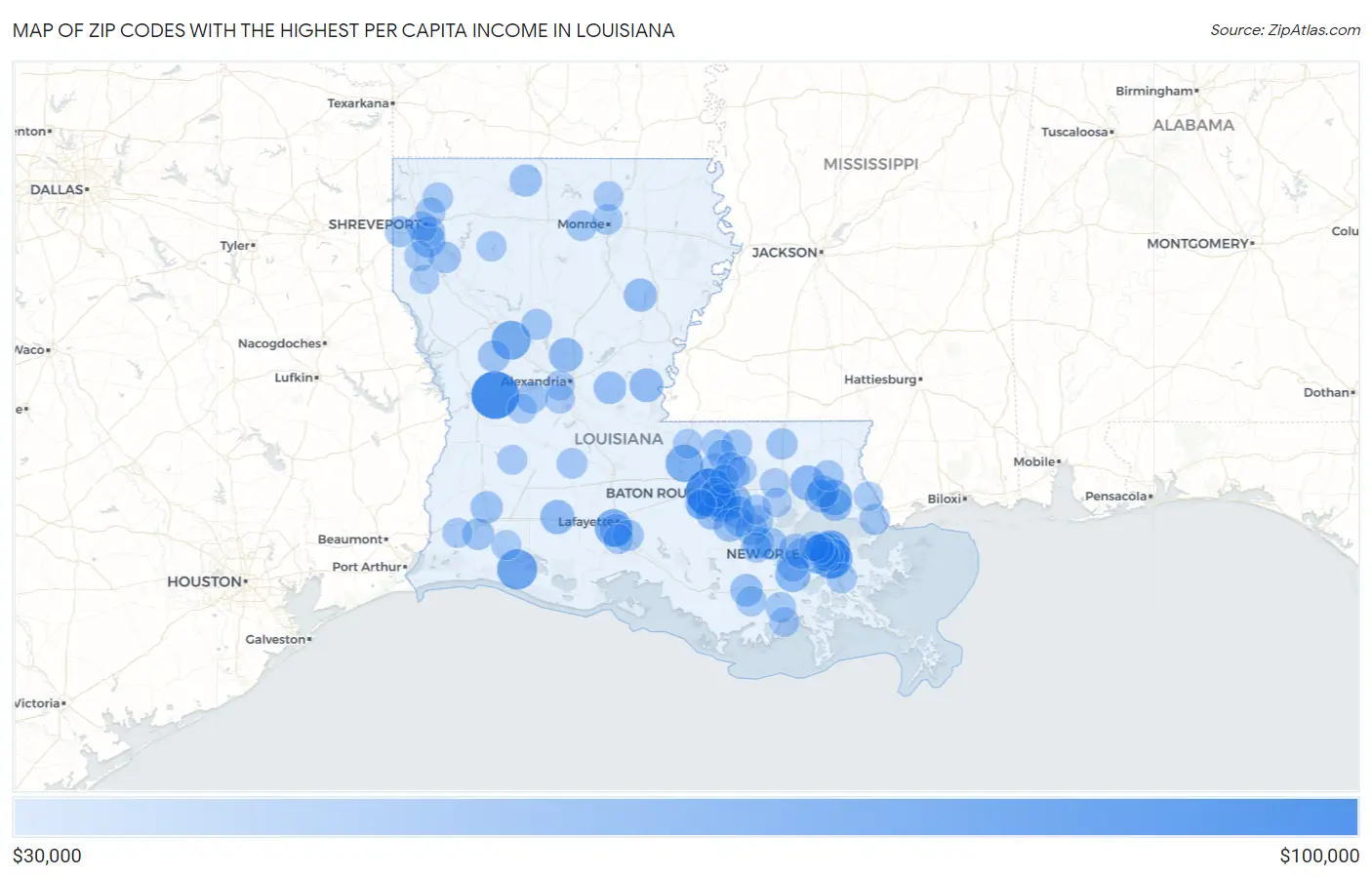 Zip Codes with the Highest Per Capita Income in Louisiana Map