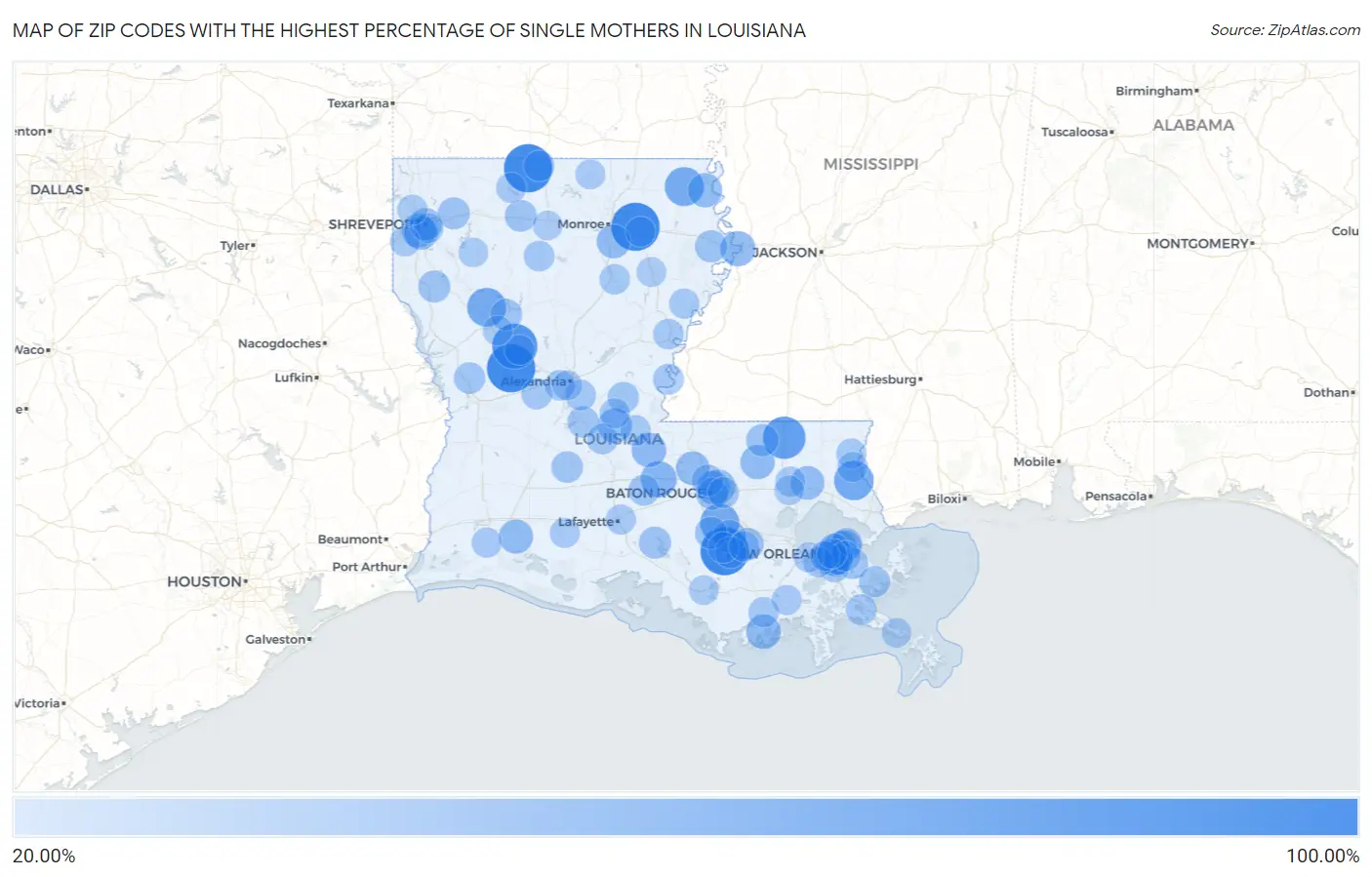 Zip Codes with the Highest Percentage of Single Mothers in Louisiana Map