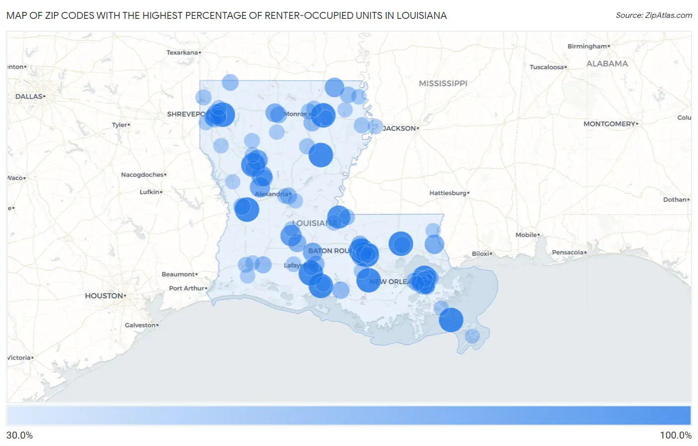 Zip Codes with the Highest Percentage of Renter-Occupied Units in Louisiana Map