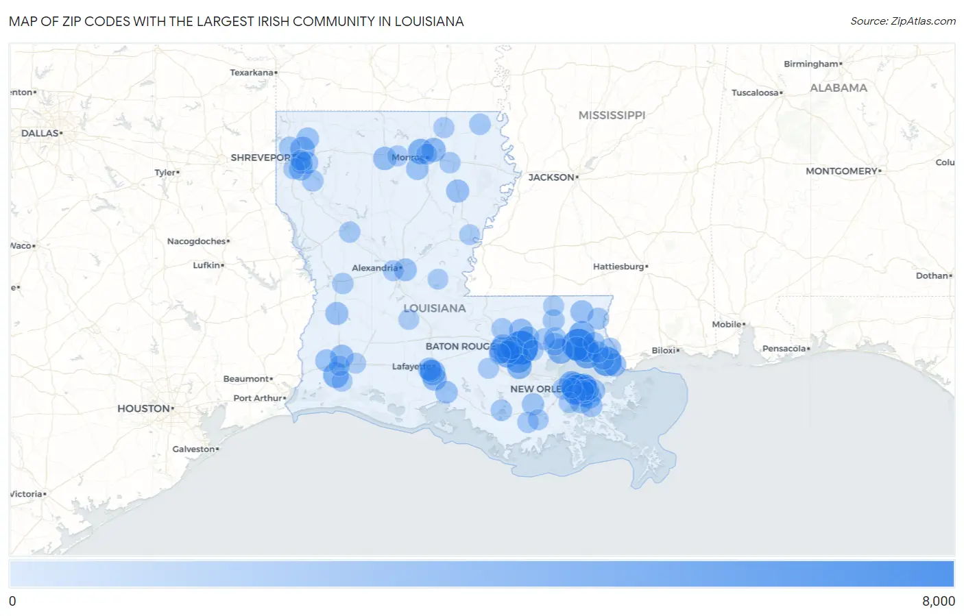 Zip Codes with the Largest Irish Community in Louisiana Map