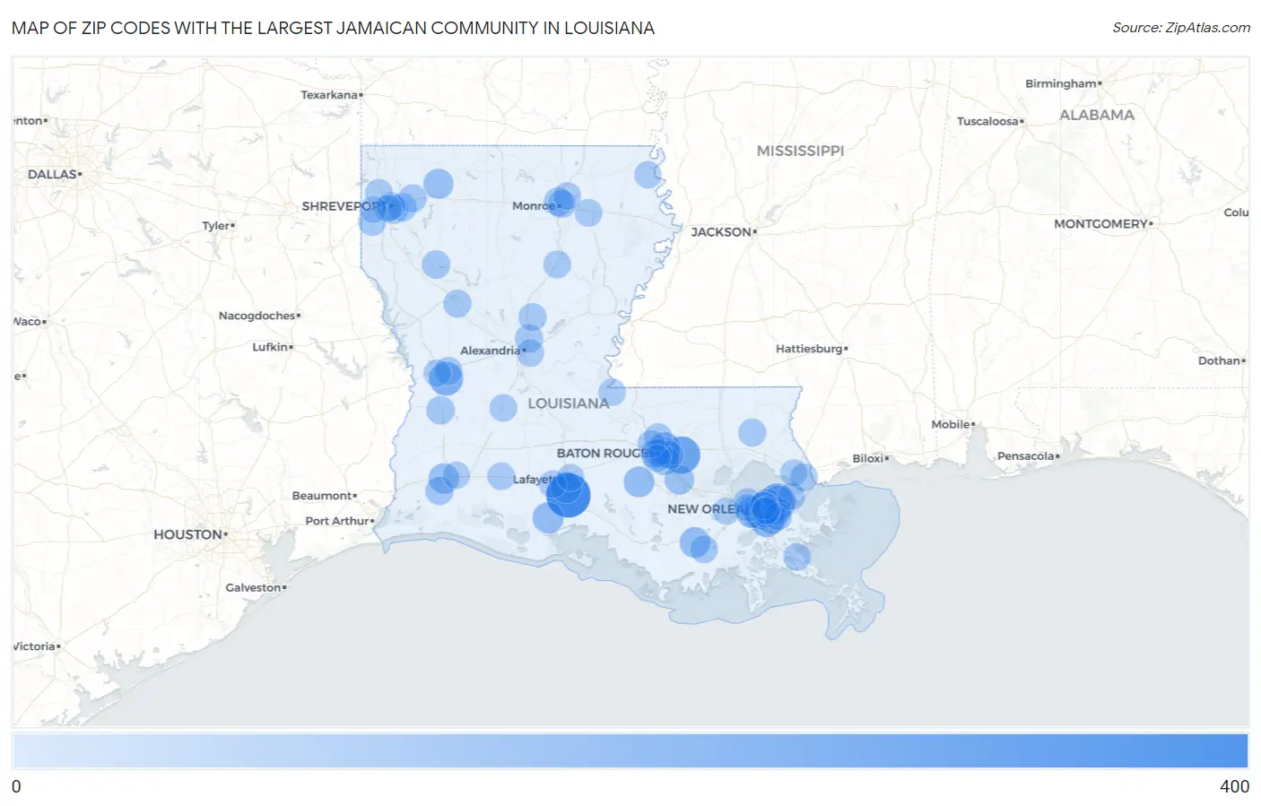 Zip Codes with the Largest Jamaican Community in Louisiana Map