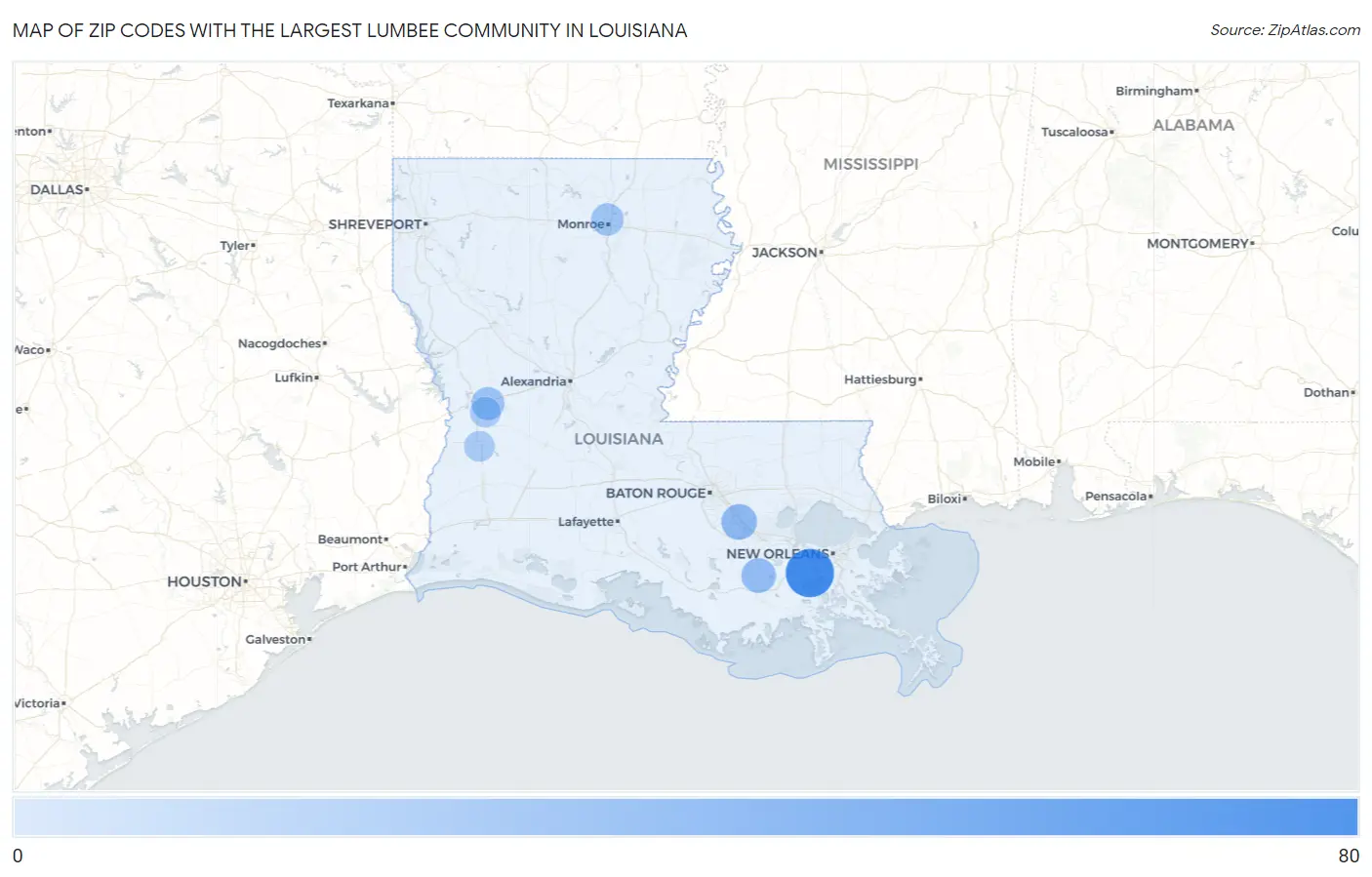 Zip Codes with the Largest Lumbee Community in Louisiana Map