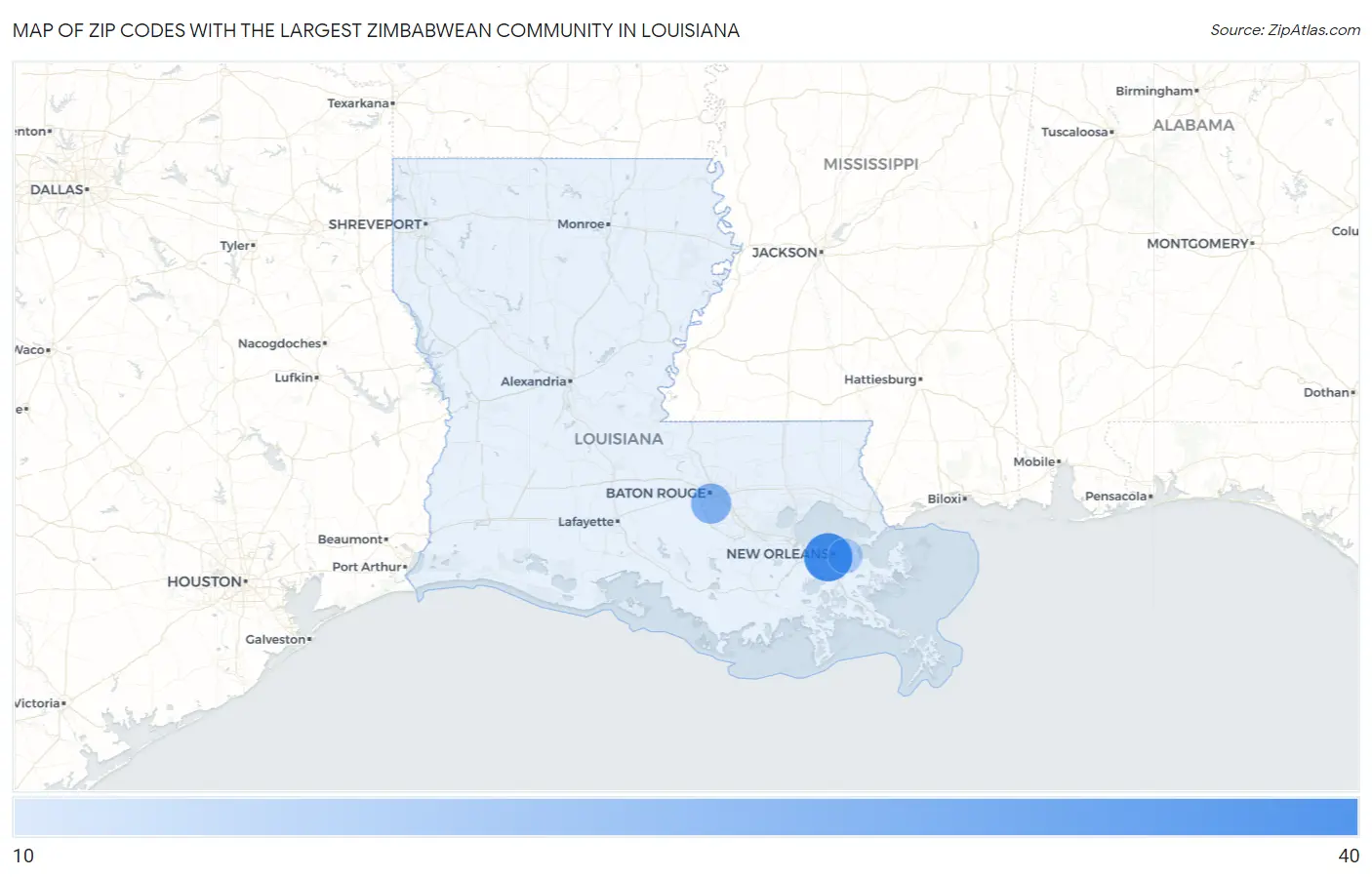 Zip Codes with the Largest Zimbabwean Community in Louisiana Map