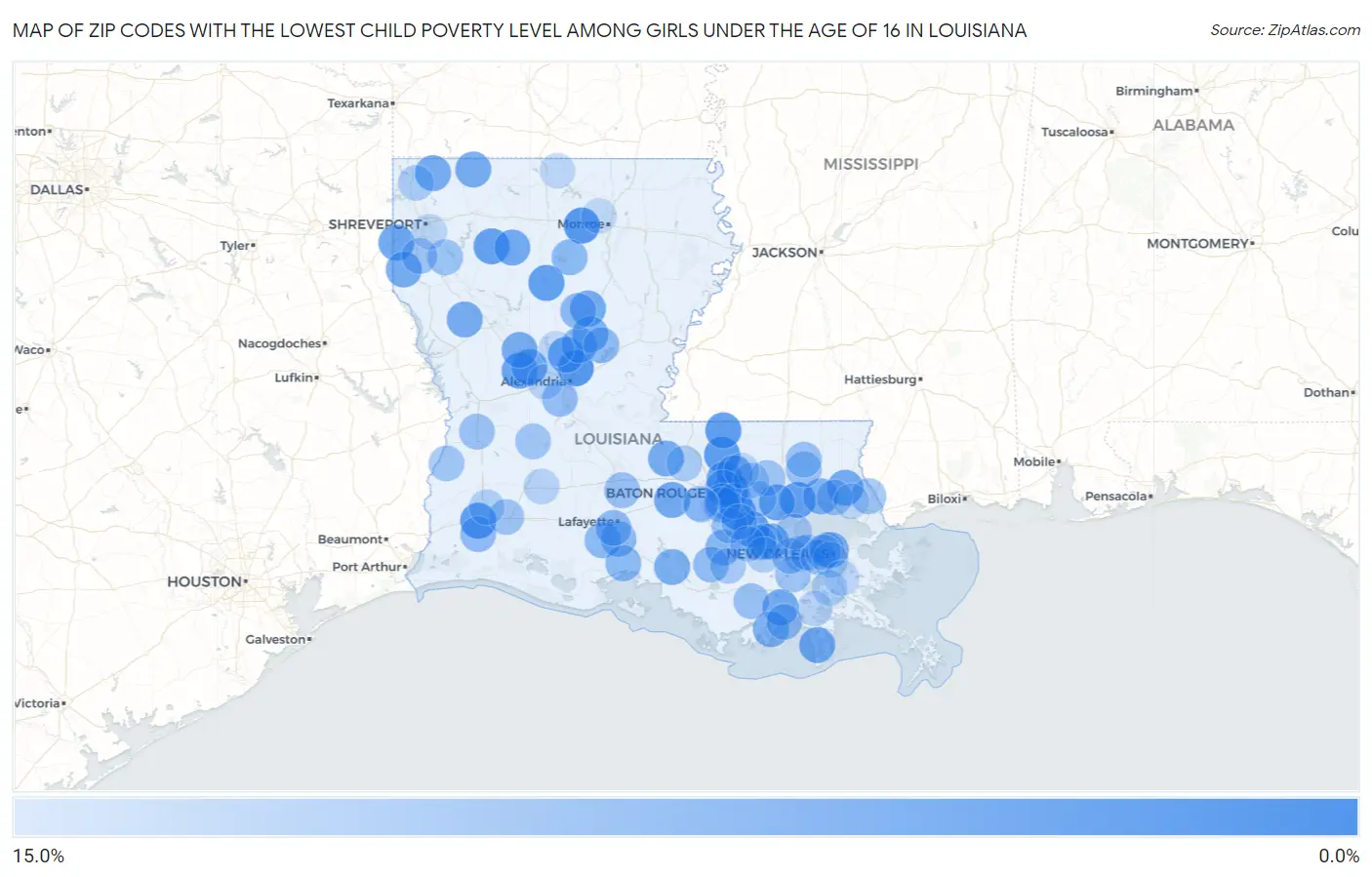 Zip Codes with the Lowest Child Poverty Level Among Girls Under the Age of 16 in Louisiana Map