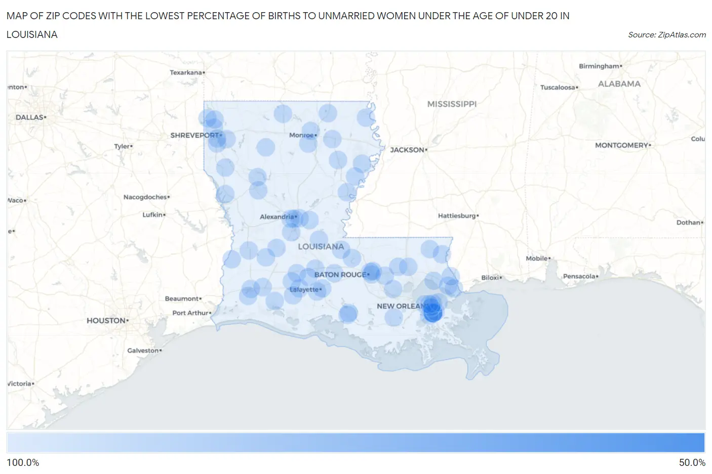 Zip Codes with the Lowest Percentage of Births to Unmarried Women under the Age of under 20 in Louisiana Map