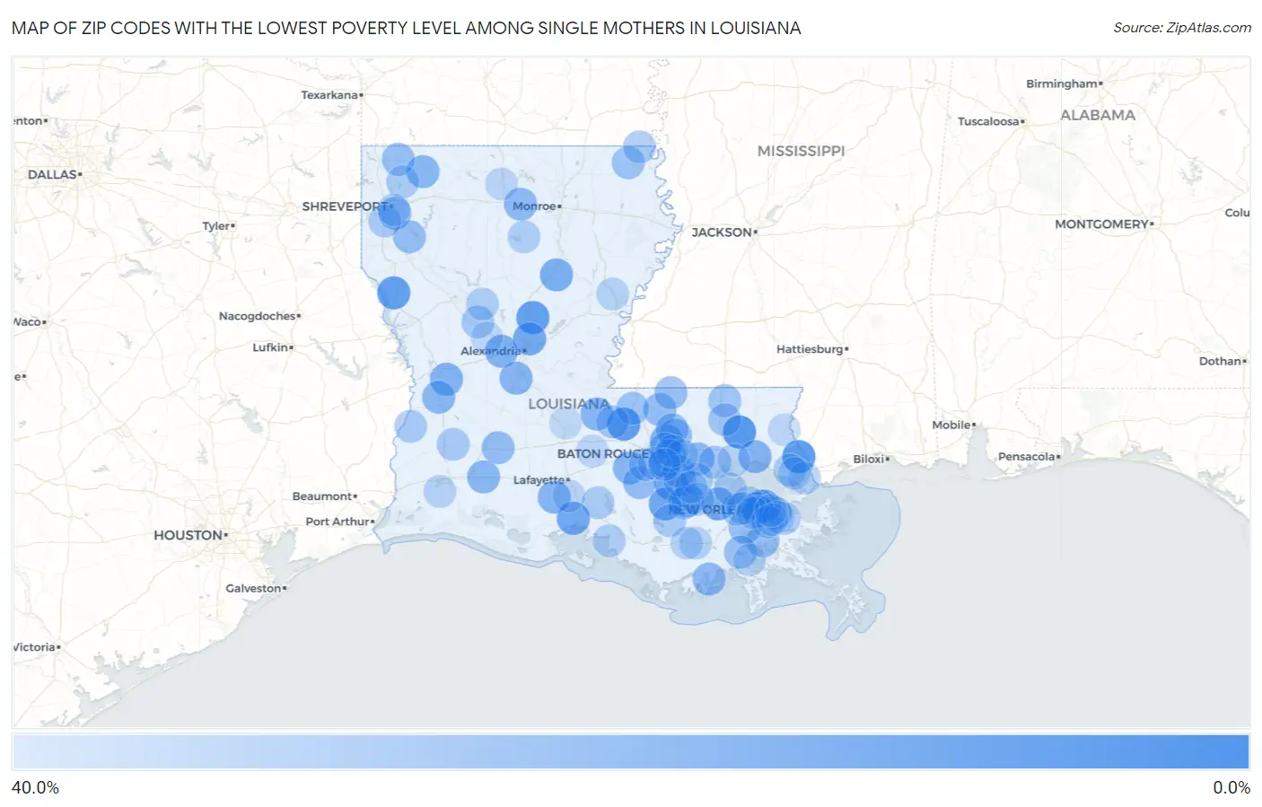 Zip Codes with the Lowest Poverty Level Among Single Mothers in Louisiana Map