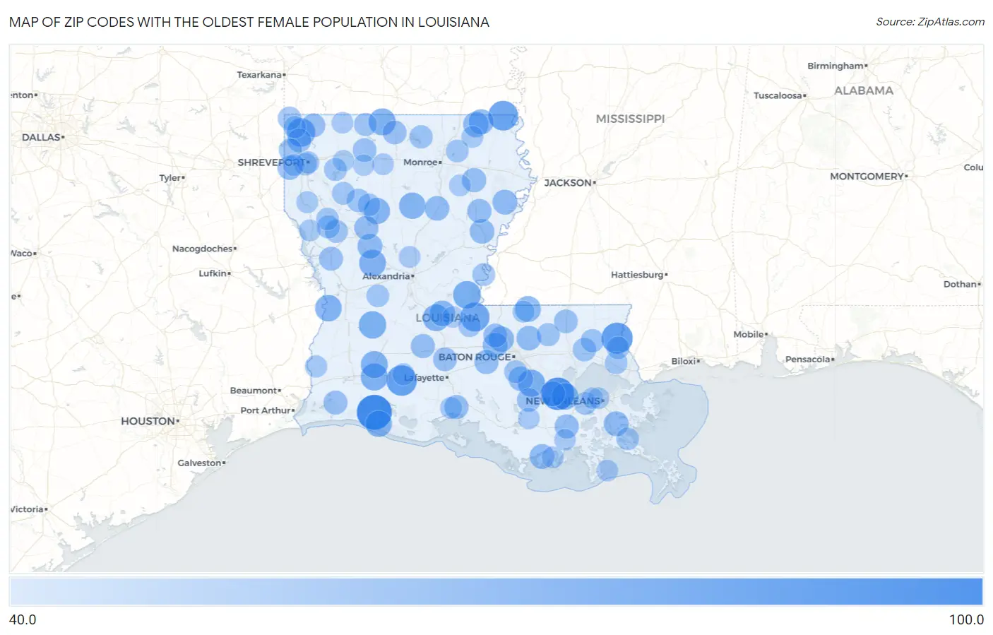 Zip Codes with the Oldest Female Population in Louisiana Map